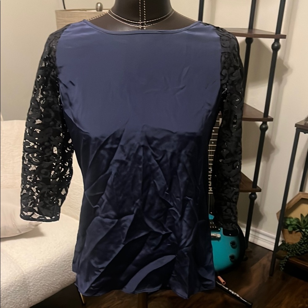 Parker Navy Blouse with Black Lace Sleeves